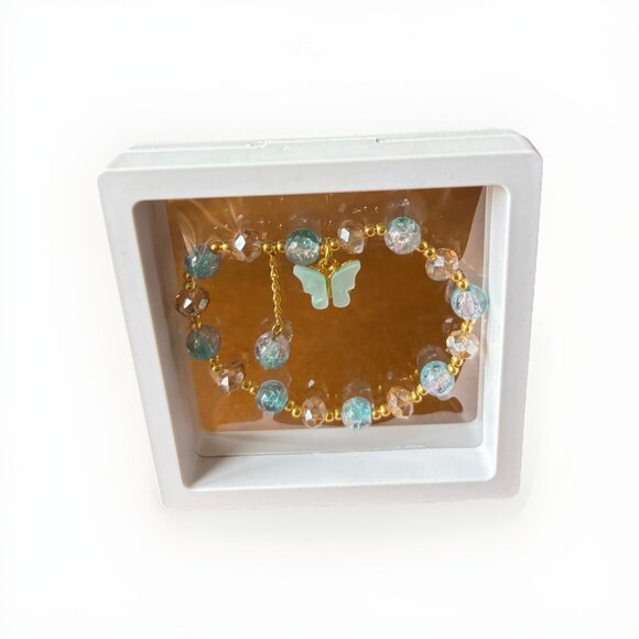 Blue & Gold Beaded Stretch Bracelet Butterfly Charm in 3D Floating Display Case - Picture 4 of 6
